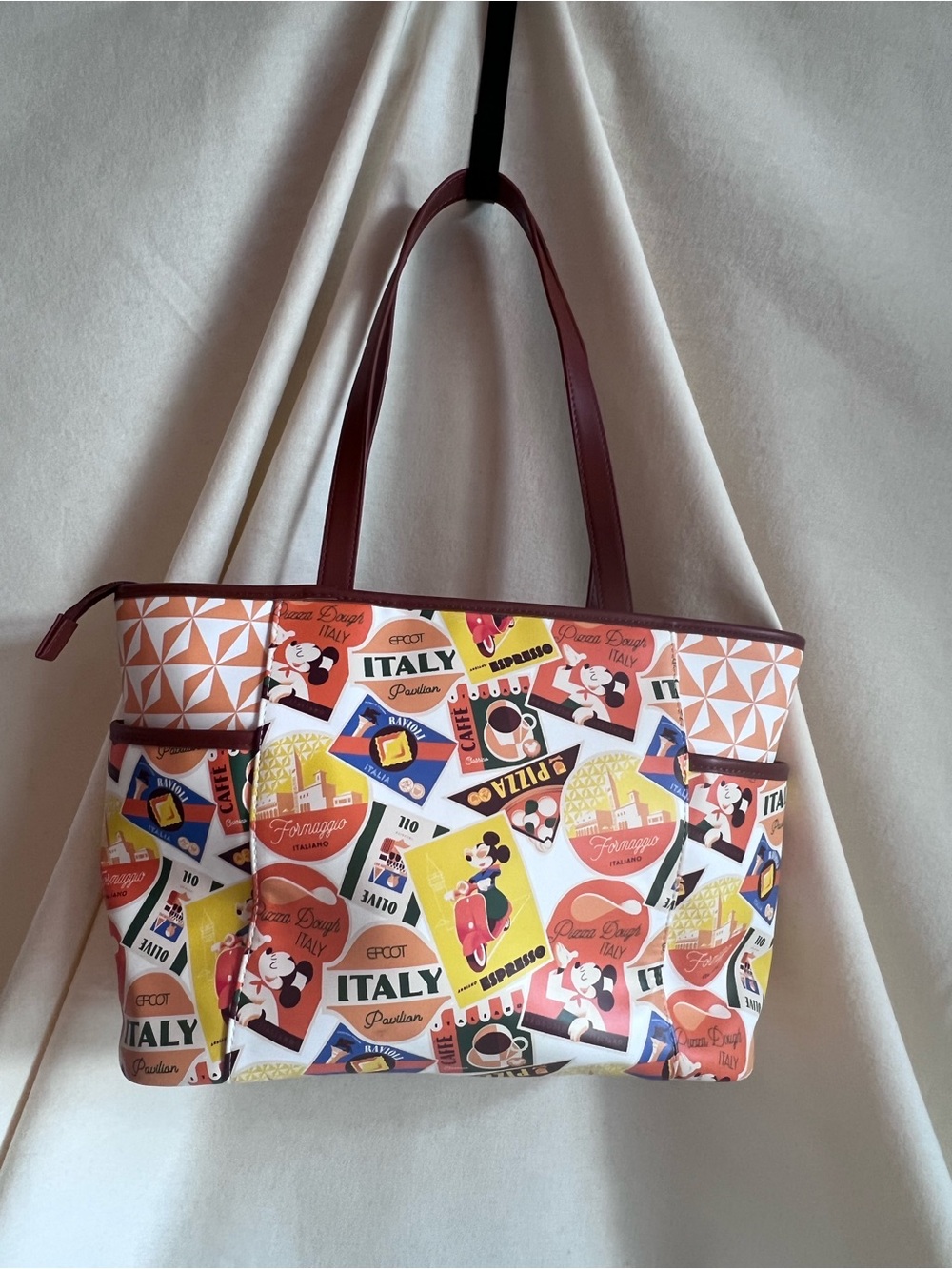 Disney Multicolor Italy Travel Print Tote with Tan Trim
